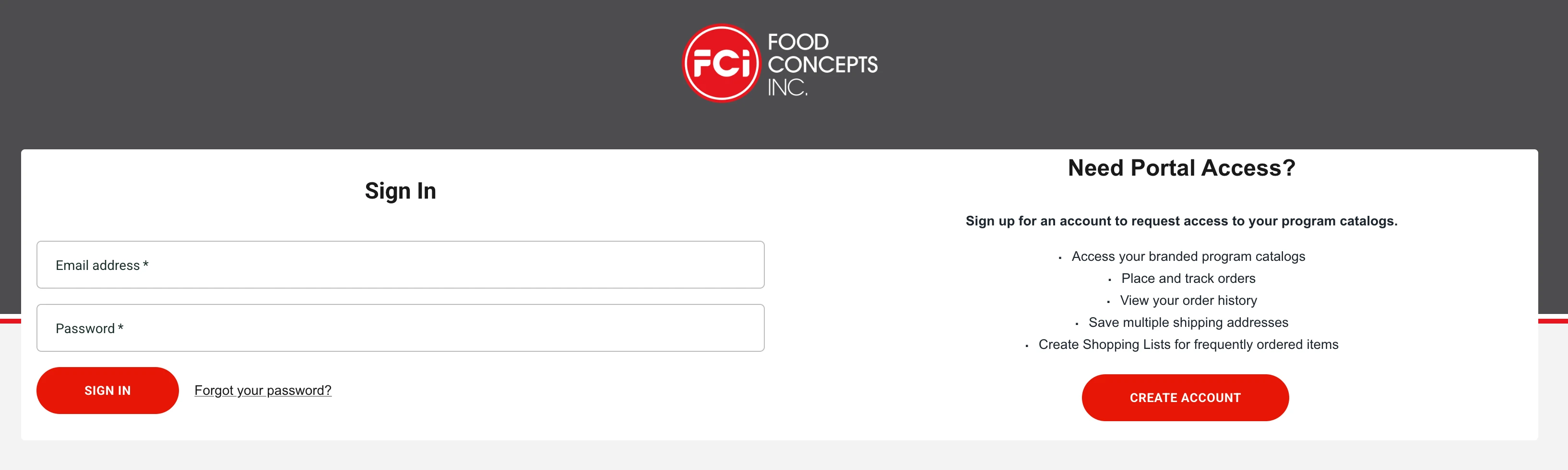 Sign In link in the top right corner of the Food Concepts Webstore